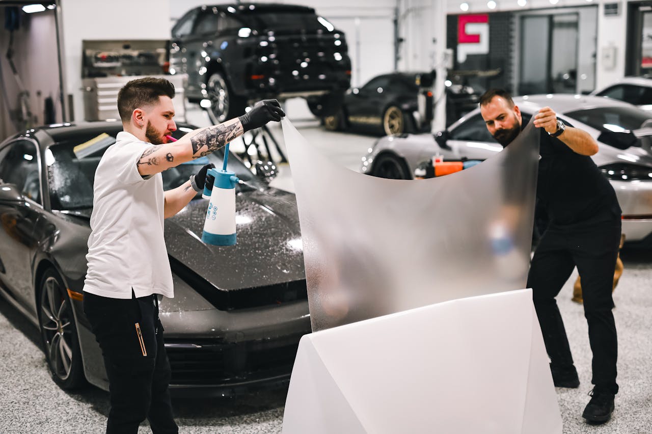 hero Two men working in garage applying protective film on a luxury car.